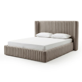 Warm grey upholstered queen bed with mattress and pillows on white background