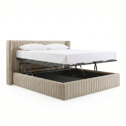 Nina Queen Velvet Gas Lift Storage Bed Frame in Warm Grey
