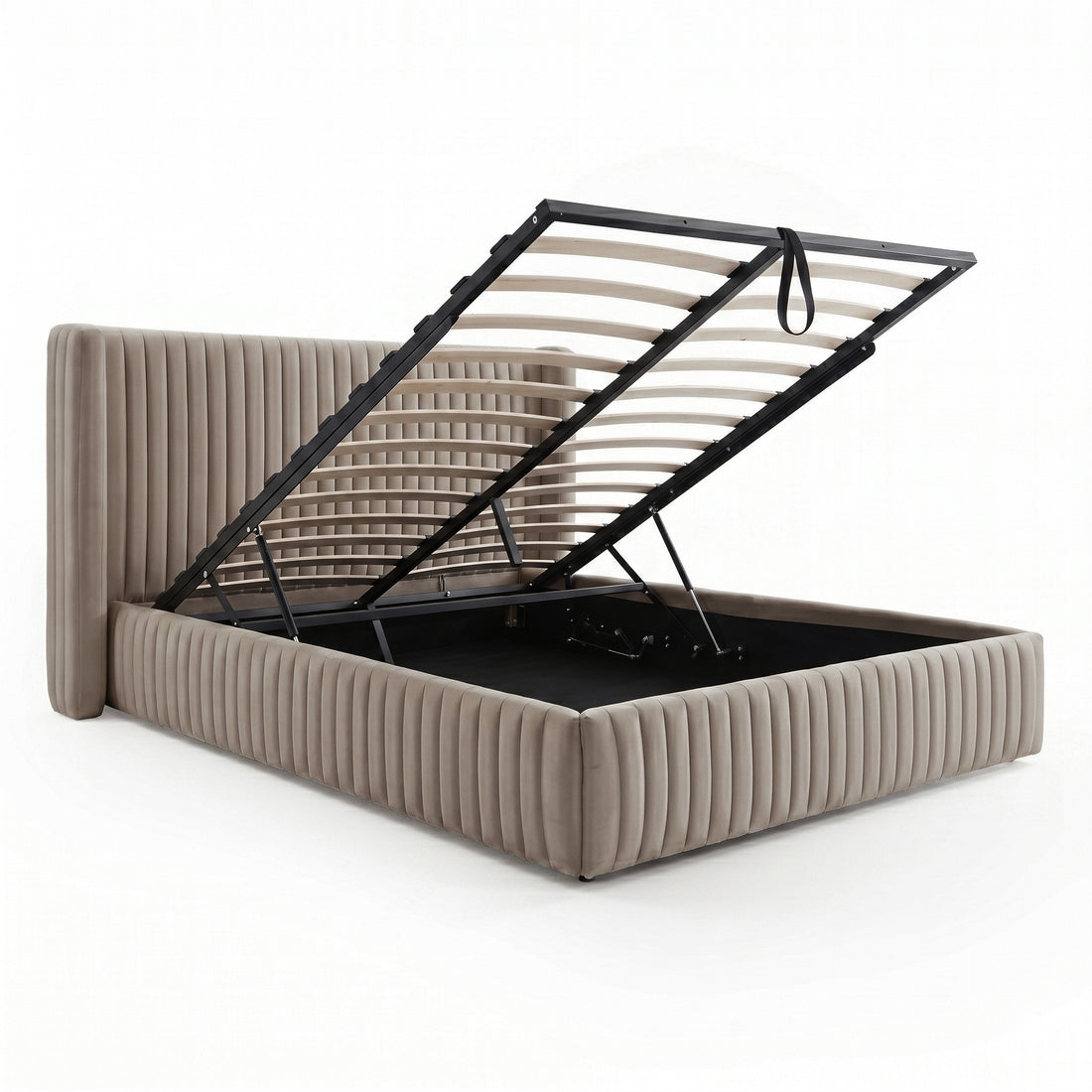 Nina Queen Velvet Gas Lift Storage Bed Frame in Warm Grey styled in a room setting
