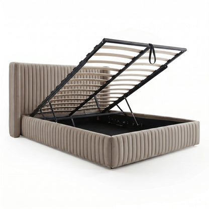Nina Queen Velvet Gas Lift Storage Bed Frame in Warm Grey styled in a room setting