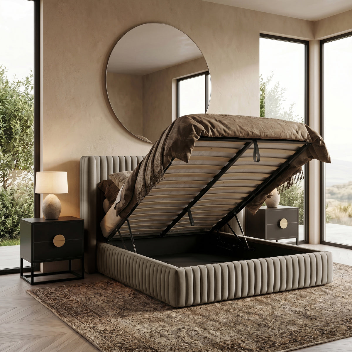 Queen storage bed with open under-bed compartment in a styled bedroom