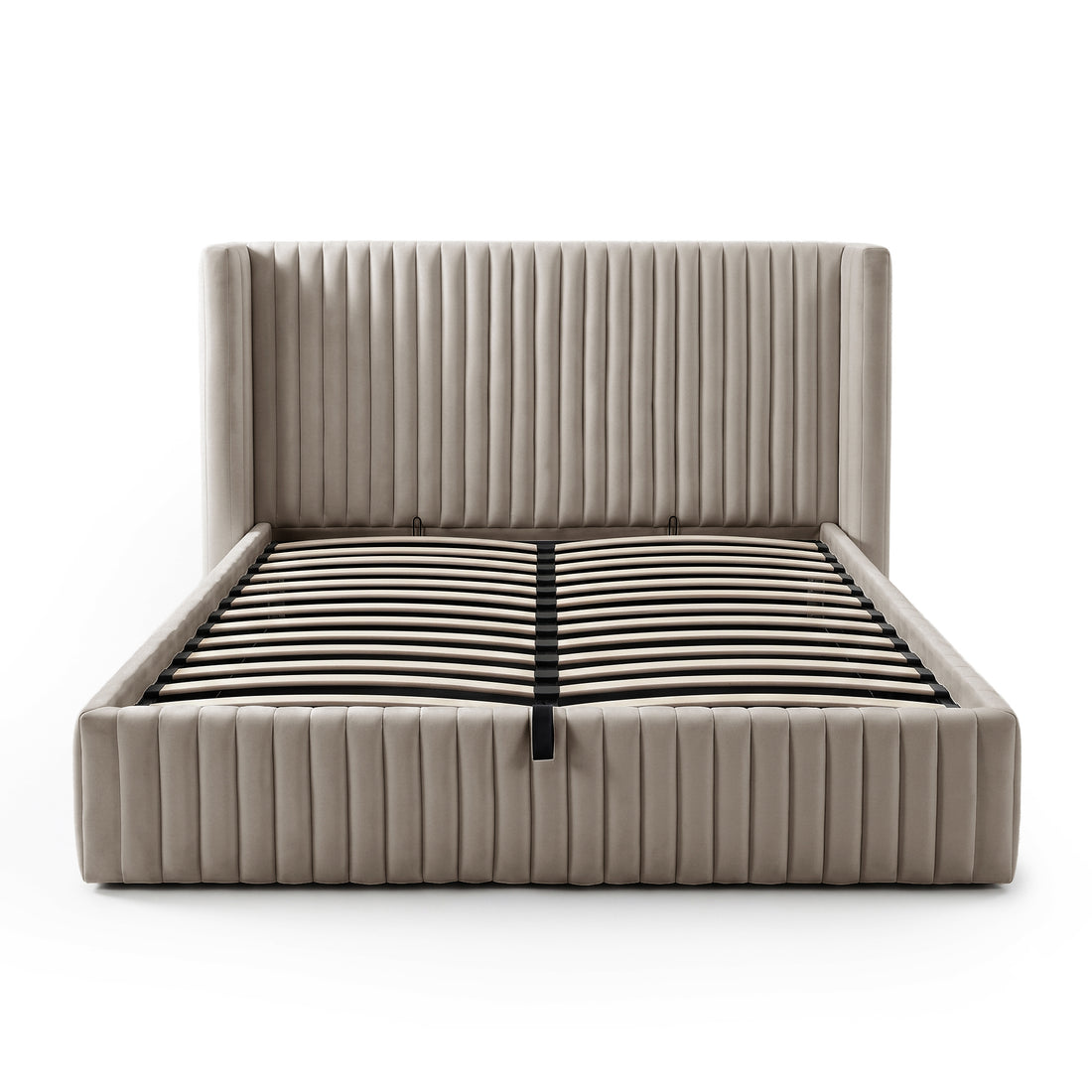 Queen bed frame with visible slats and support strap on white background