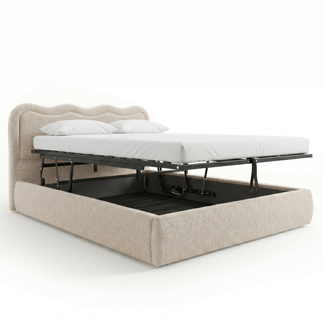 Noemi King Boucle Gas Lift Storage Bed Frame in Beige