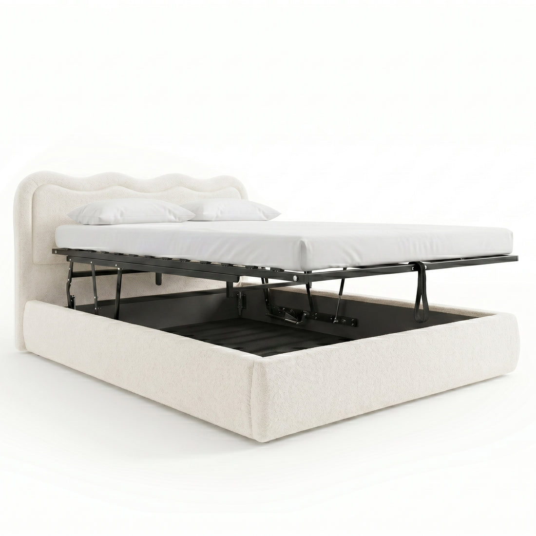Noemi King Boucle Gas Lift Storage Bed Frame in Cream White