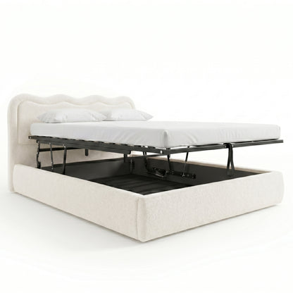 Noemi King Boucle Gas Lift Storage Bed Frame in Cream White