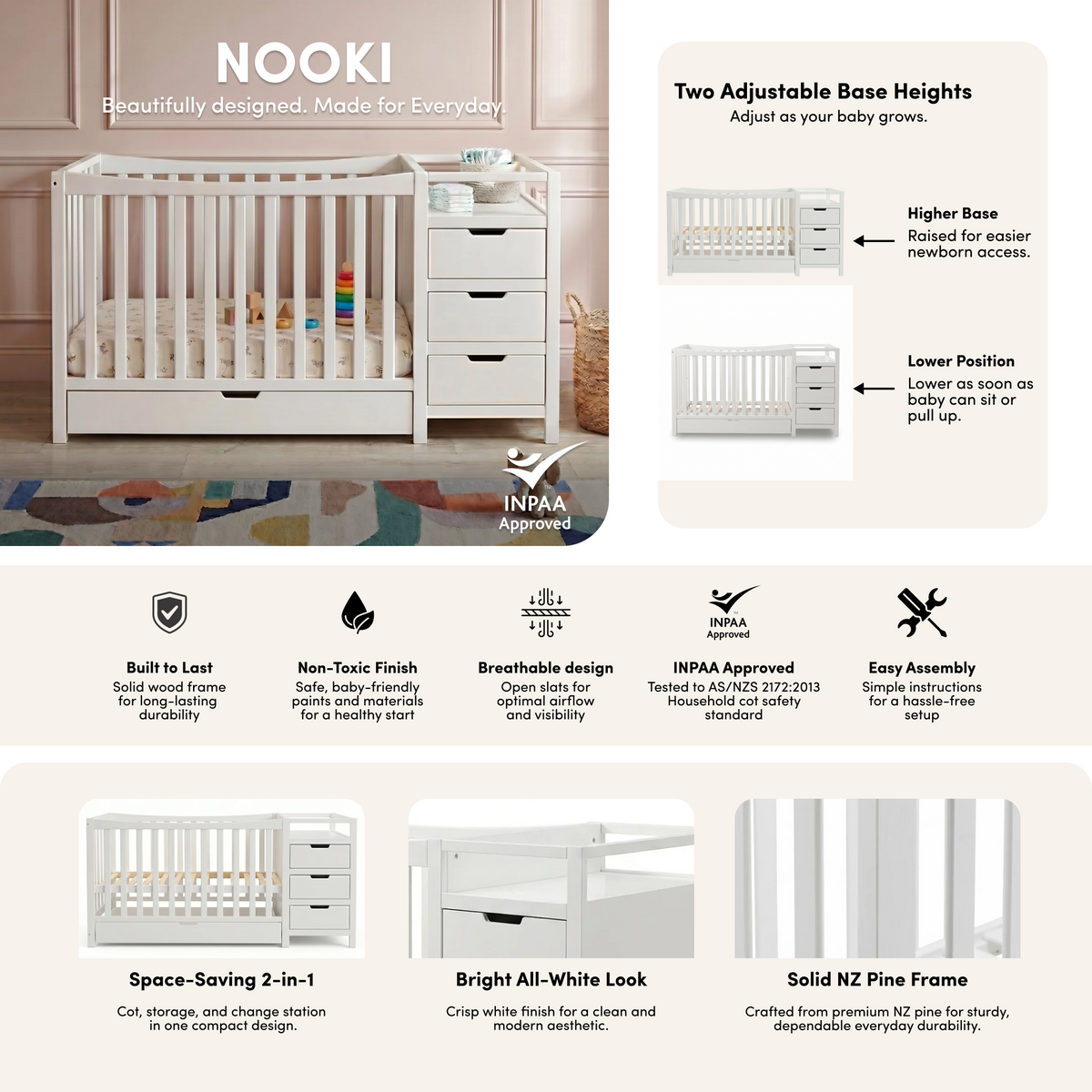 Nooki Solid Timber Cot with Storage in White styled in a room setting