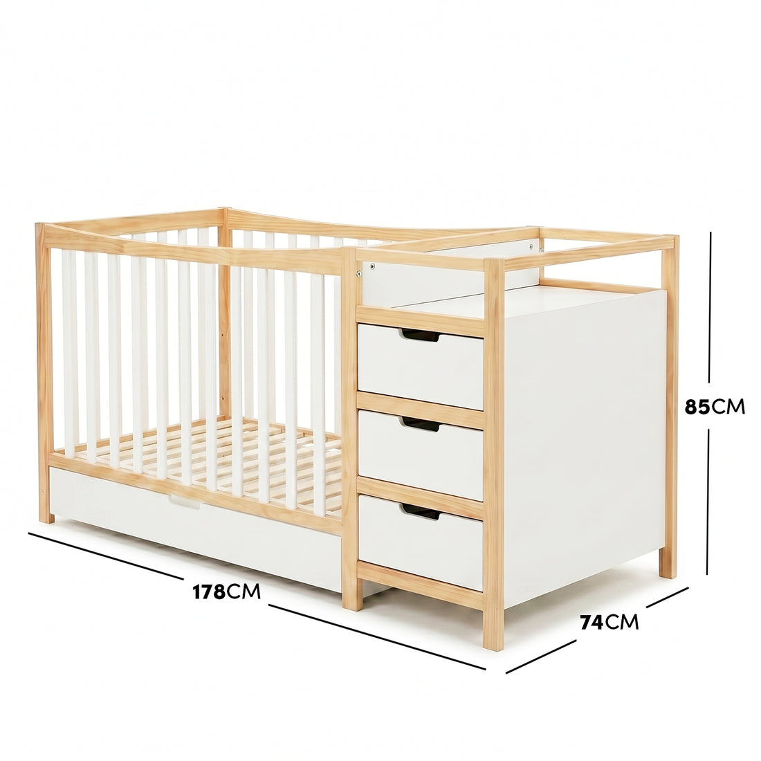 Nooki Solid Timber Cot with Storage in Natural & White
