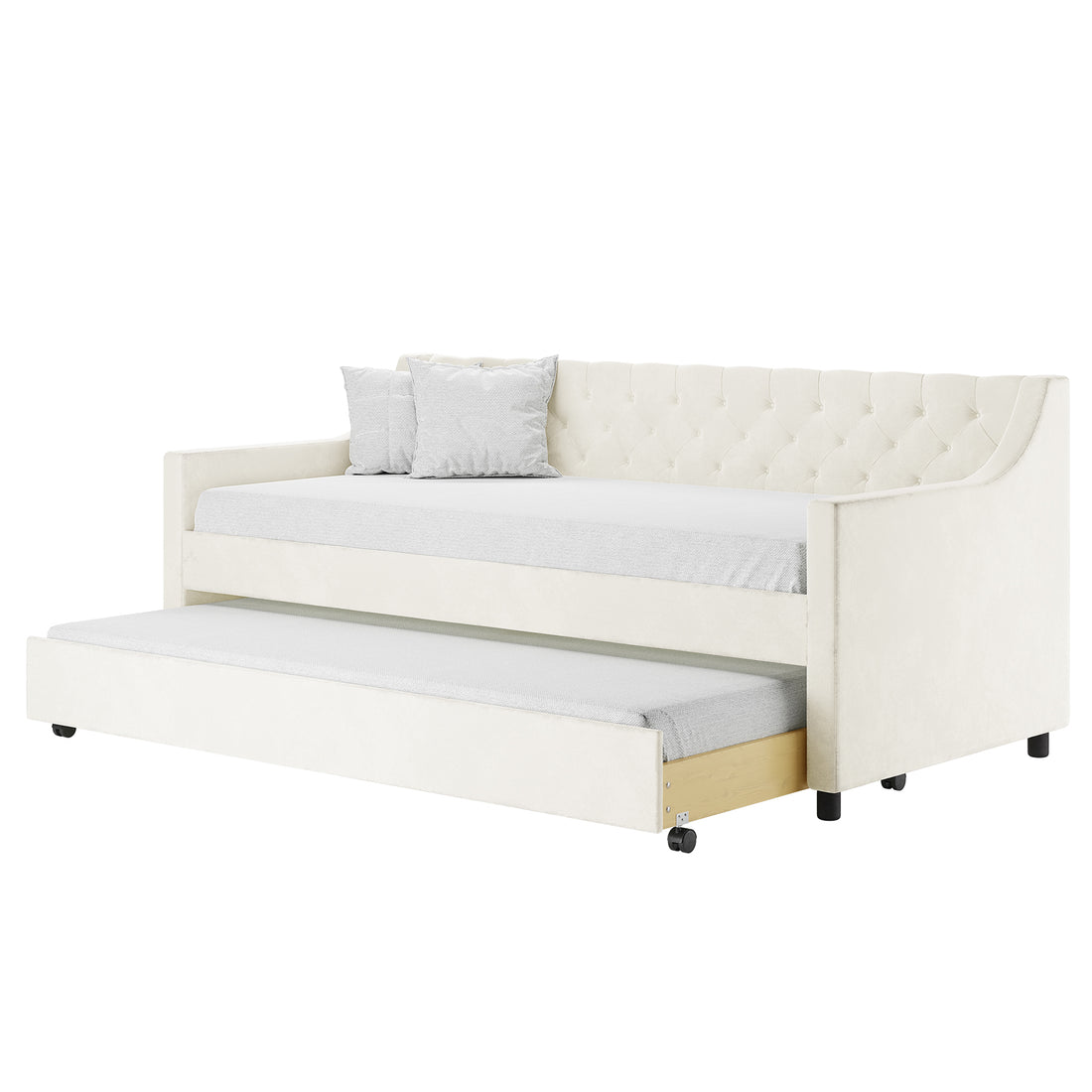 Ovidia Single Velvet Daybed Sofa with Trundle in Cream White features a tufted backrest, sloping arms, two cushions, and a pull-out trundle with caster wheels for convenient extra bedding.