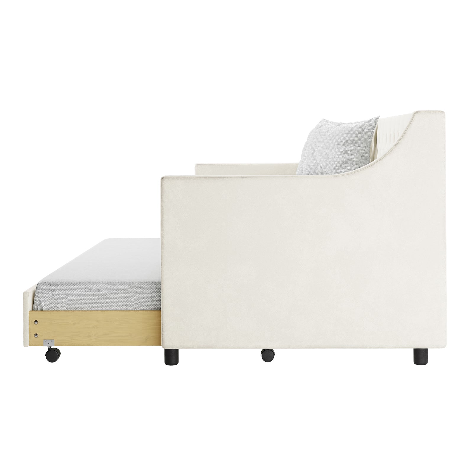 Ovidia Velvet Single Sofa Daybed with Trundle in Cream White features a white upholstered armchair-style sofa with a pull-out trundle bed, light wood frame, thin mattress, and caster wheels.