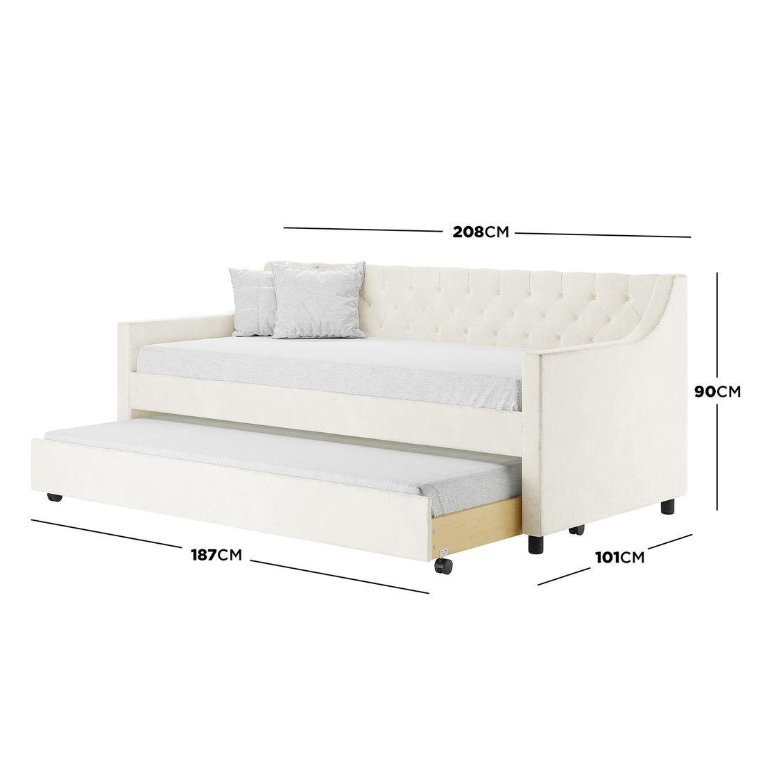 Ovidia Velvet Single Sofa Daybed with Trundle in Cream White, featuring a tufted backrest, two throw cushions, and a pull-out trundle on castors, measuring 208cm wide and 101cm deep.