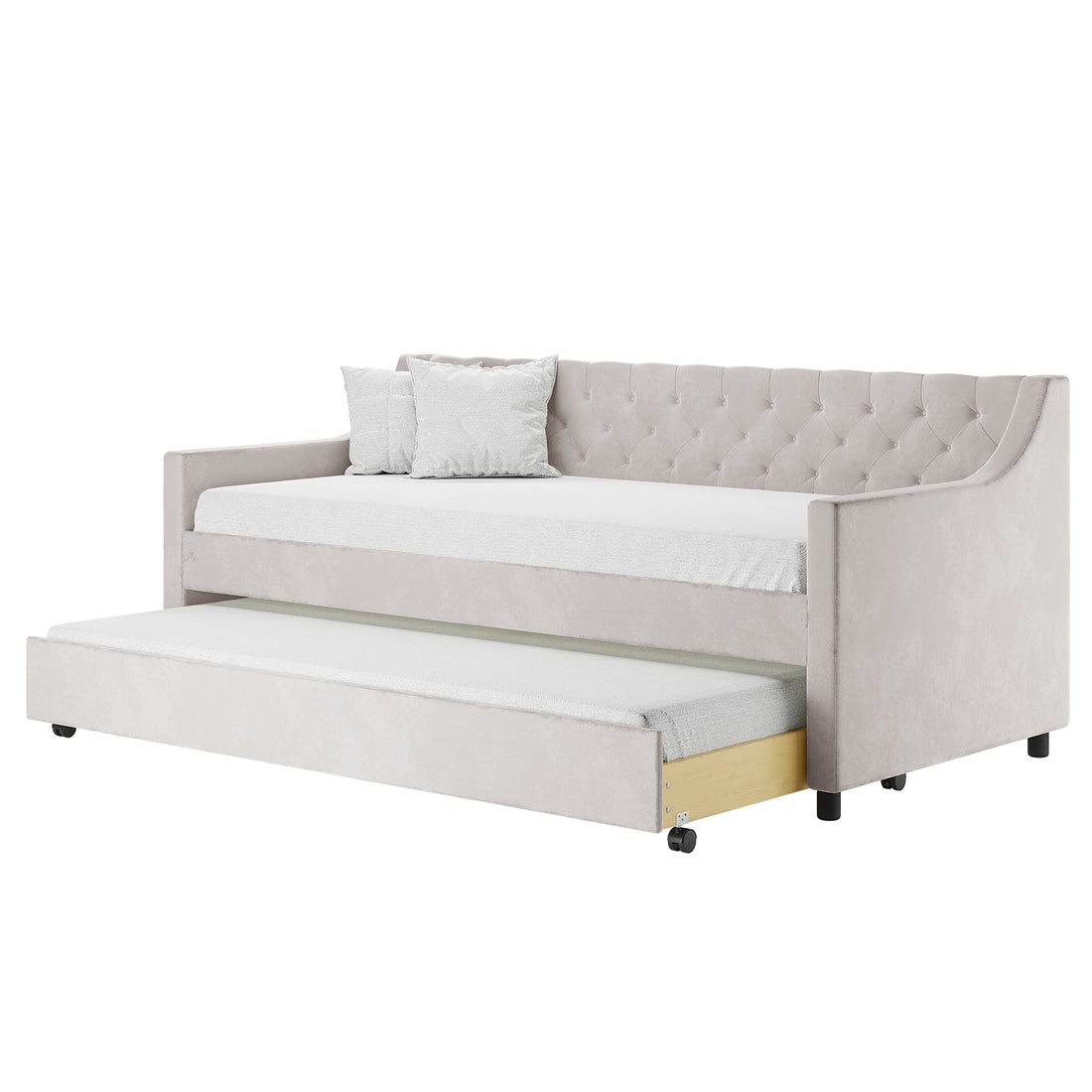Ovidia Velvet Single Sofa Daybed with Trundle in Light Grey, featuring tufted backrest and arm-style sides, includes two decorative pillows and a pull-out trundle mattress on caster wheels for space-saving functionality.