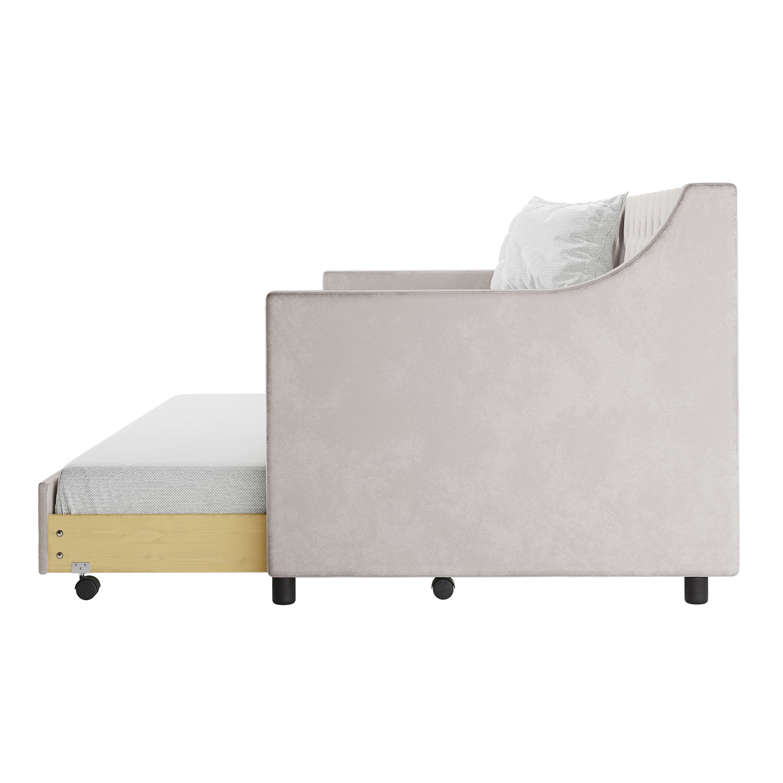 Ovidia Velvet Single Sofa Daybed with Trundle in Light Grey, featuring a button-tufted velvet upholstery, single back cushion, and a wooden-faced pull-out trundle on caster wheels visible beneath.