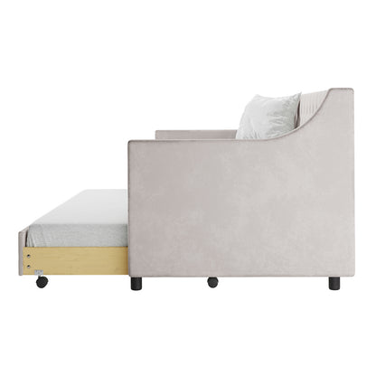 Ovidia Velvet Single Sofa Daybed with Trundle in Light Grey, featuring a button-tufted velvet upholstery, single back cushion, and a wooden-faced pull-out trundle on caster wheels visible beneath.