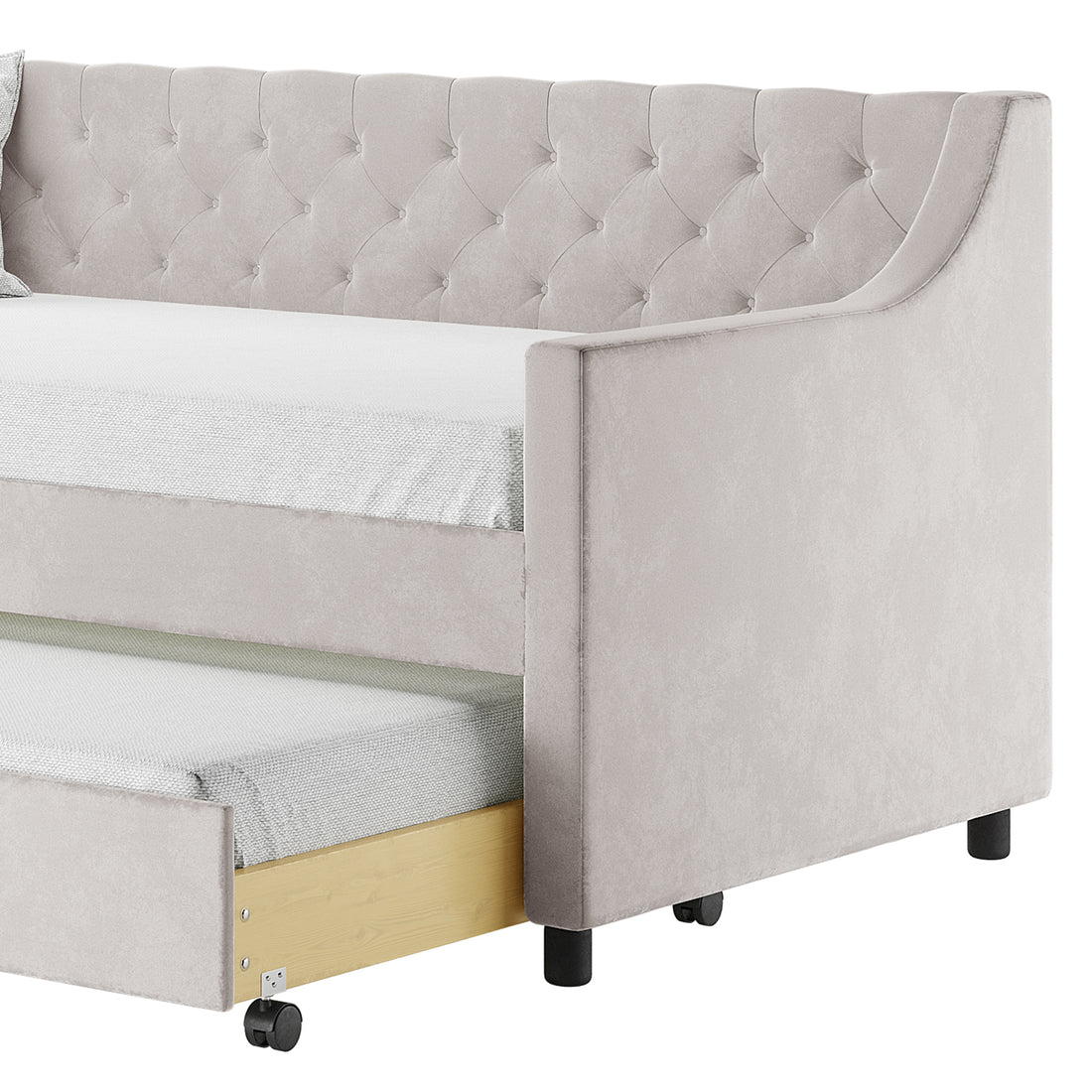 Ovidia Velvet Single Sofa Daybed with Trundle in Light Grey features a tufted back, upholstered design, and a pull-out trundle on caster wheels, combining elegance and functionality for versatile use.