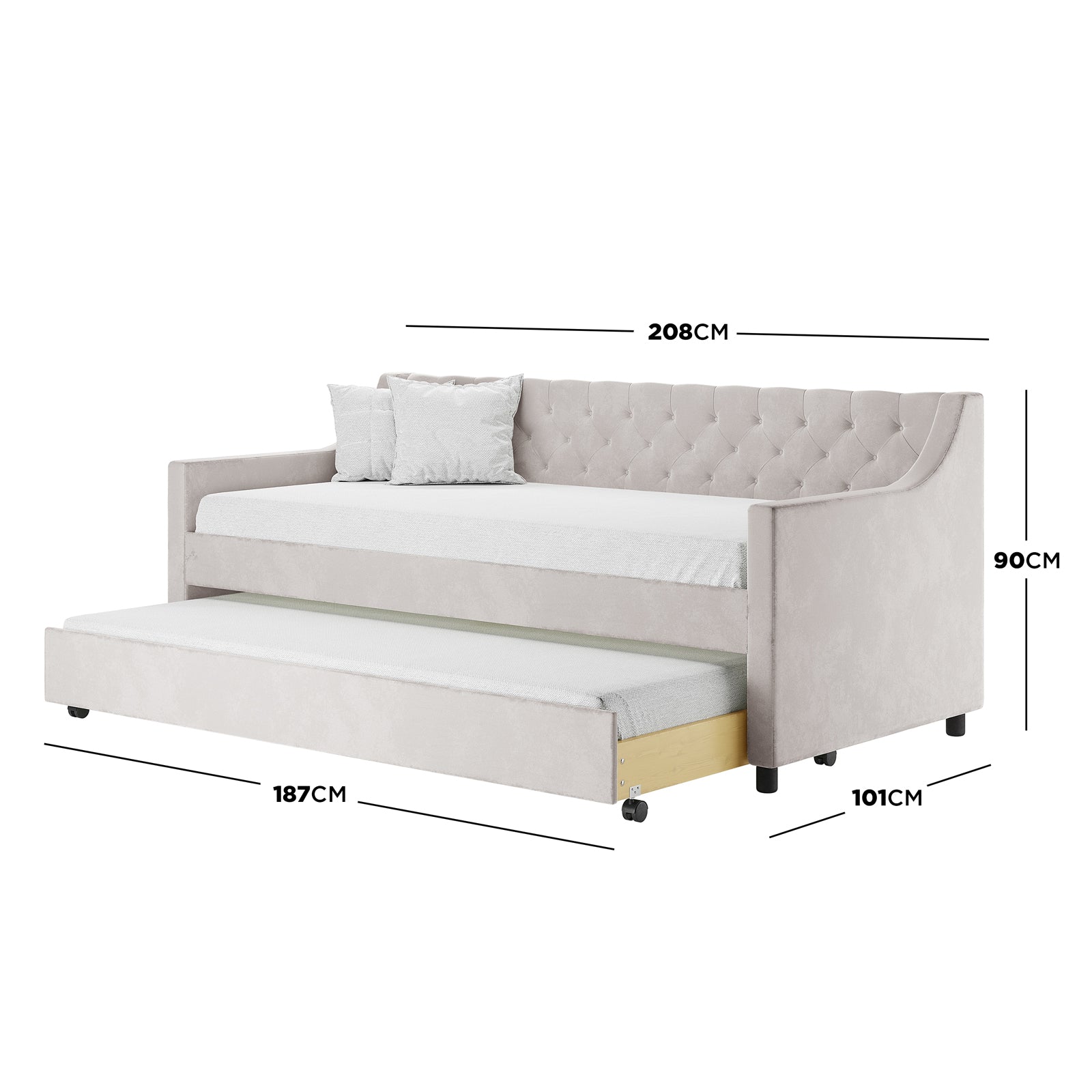 Ovidia Velvet Single Sofa Daybed with Trundle in Light Grey, featuring a tufted backrest, straight arms, and pull-out trundle on caster wheels, showcasing dimensions and versatile use for modern spaces.