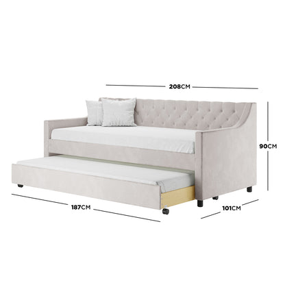 Ovidia Velvet Single Sofa Daybed with Trundle in Light Grey, featuring a tufted backrest, straight arms, and pull-out trundle on caster wheels, showcasing dimensions and versatile use for modern spaces.