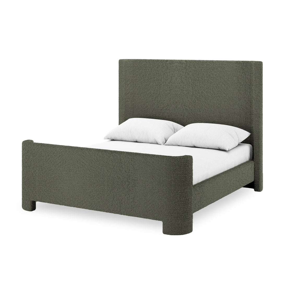Palmira Double Boucle Fabric Bed Frame in Dark Green features a tall headboard, low footboard, and short legs. Upholstered in dark, textured fabric with white bedding, it exudes elegance and sophistication.