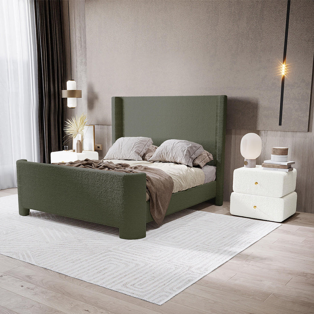 Palmira Double Boucle Fabric Bed Frame in Dark Green, featuring a low-profile sleigh design, muted olive-green boucle fabric, tall headboard, matching footboard, and paired with neutral linens in a serene bedroom setting.