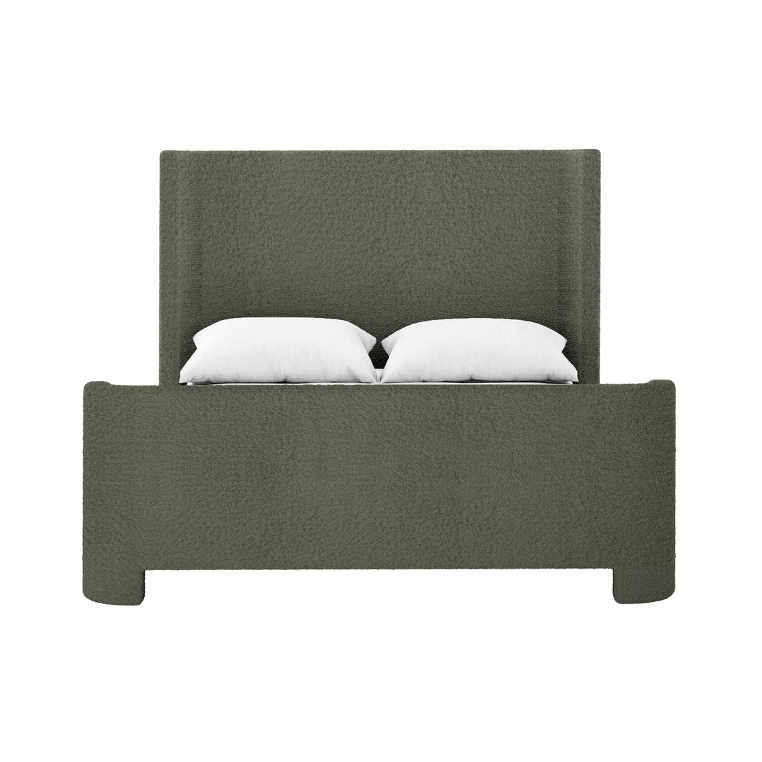 Palmira Double Boucle Fabric Bed Frame in Dark Green, featuring an olive-green boucle upholstery, tall rectangular headboard, low footboard with rounded corners, and two white pillows for a modern touch.