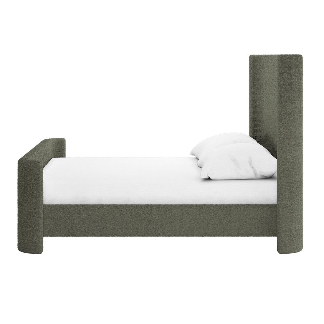 Palmira Double Boucle Fabric Bed Frame in Dark Green, featuring a low-profile platform, tall rectangular headboard, and blocky footboard. Upholstered in textured fabric with white linens and pillows, set against a white background.