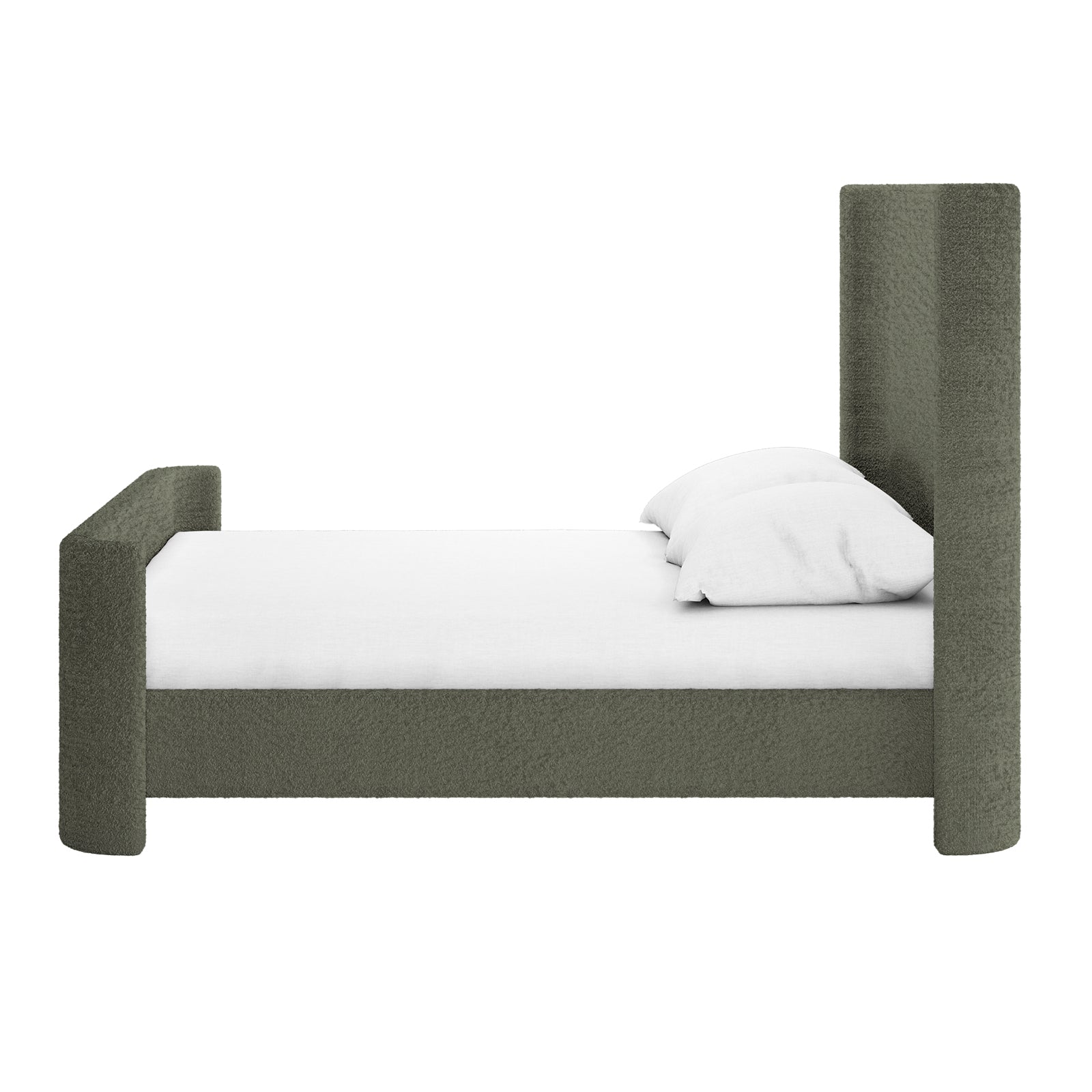 Palmira Double Boucle Fabric Bed Frame in Dark Green, featuring a low-profile platform, tall rectangular headboard, and blocky footboard. Upholstered in textured fabric with white linens and pillows, set against a white background.
