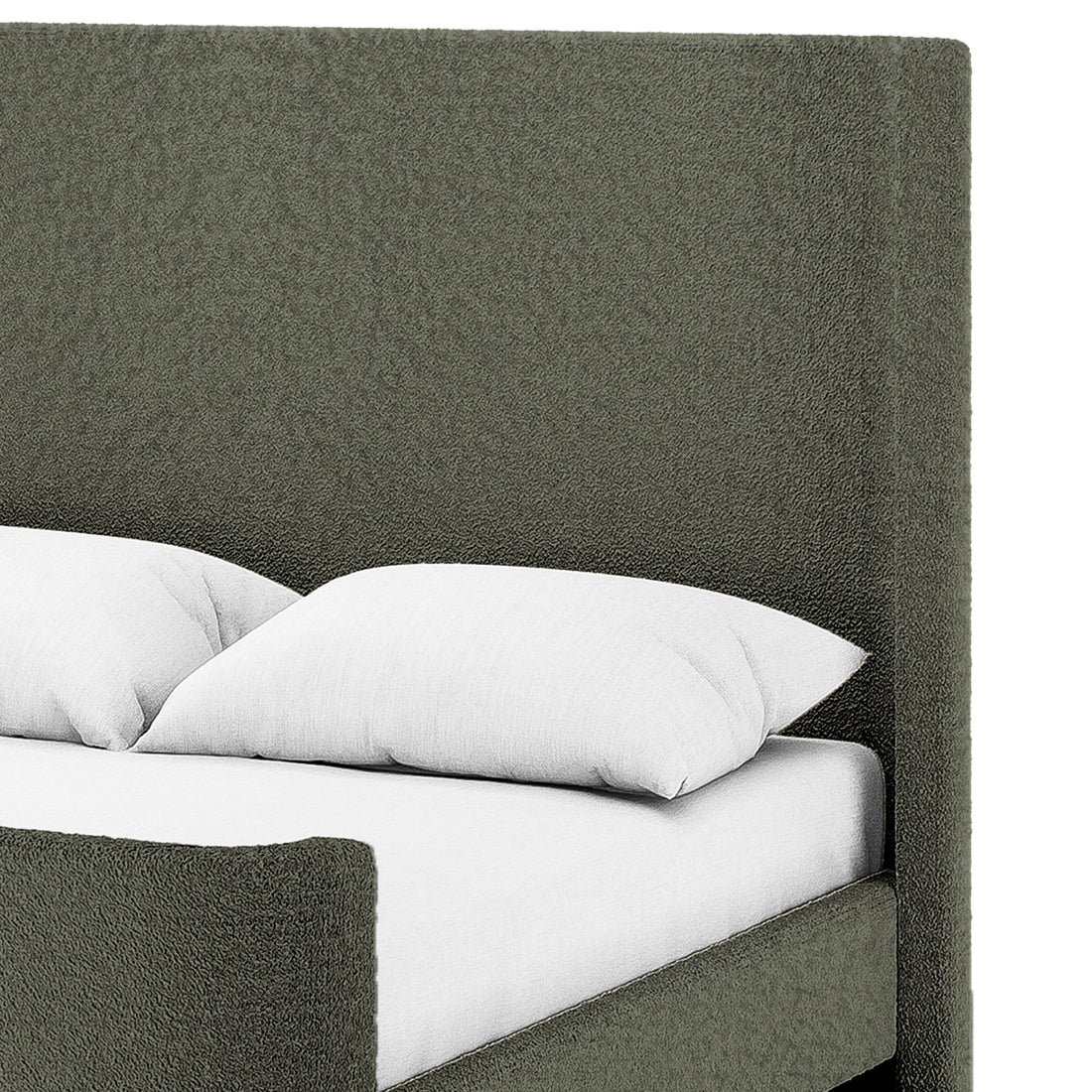 Palmira Double Boucle Fabric Bed Frame in Dark Green, featuring a tall, grey upholstered headboard and footboard, with a white mattress and pillows, showcasing its elegant sleigh-style design and plush texture.