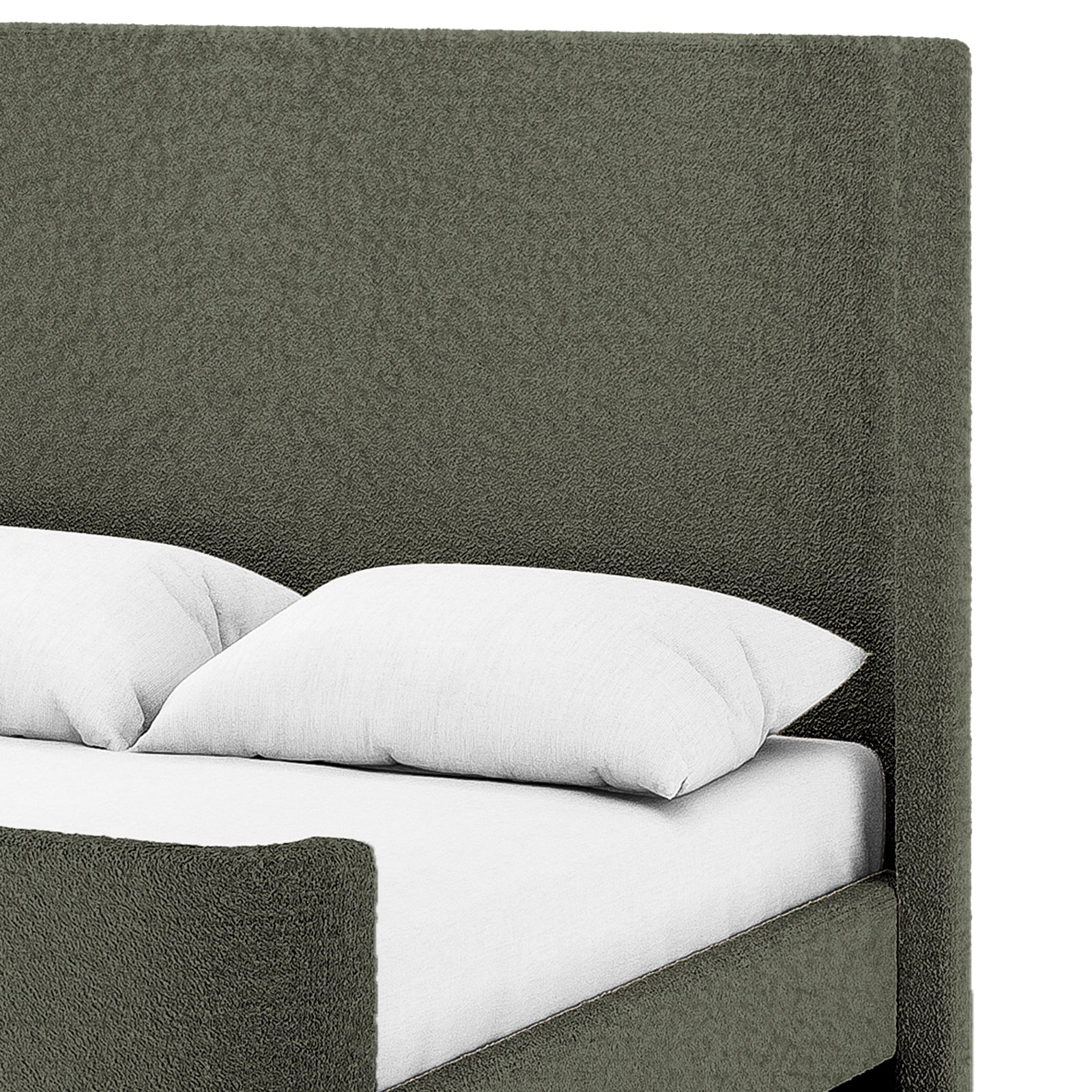 Palmira Double Boucle Fabric Bed Frame in Dark Green, featuring a tall, grey upholstered headboard and footboard, with a white mattress and pillows, showcasing its elegant sleigh-style design and plush texture.