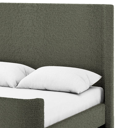 Palmira Double Boucle Fabric Bed Frame in Dark Green, featuring a tall, grey upholstered headboard and footboard, with a white mattress and pillows, showcasing its elegant sleigh-style design and plush texture.