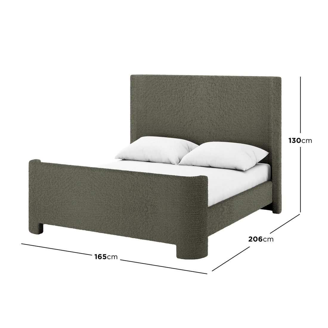 Palmira Double Boucle Fabric Bed Frame in Dark Green, showcasing a low-profile sleigh design with boucle upholstery, includes dimensions: 165 cm width, 206 cm depth, 130 cm height, dressed with a white mattress.