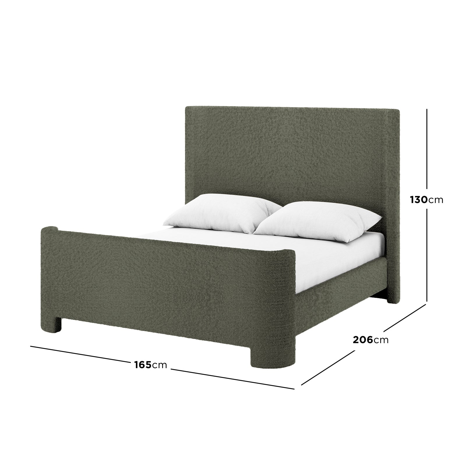 Palmira Double Boucle Fabric Bed Frame in Dark Green, showcasing a low-profile sleigh design with boucle upholstery, includes dimensions: 165 cm width, 206 cm depth, 130 cm height, dressed with a white mattress.