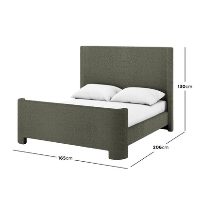 Palmira Double Boucle Fabric Bed Frame in Dark Green, showcasing a low-profile sleigh design with boucle upholstery, includes dimensions: 165 cm width, 206 cm depth, 130 cm height, dressed with a white mattress.