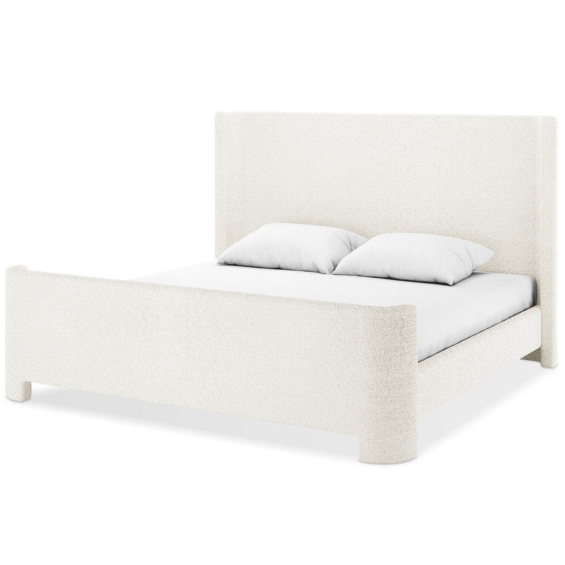 Palmira King Boucle Fabric Bed Frame in Cream White features a tall headboard and footboard, upholstered in textured fabric, with two white pillows on the mattress, highlighting its sleigh-style design.