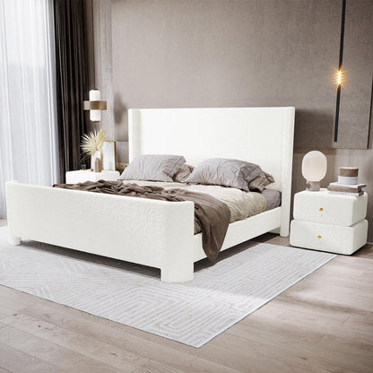 Palmira King Boucle Fabric Bed Frame in Cream White, featuring plush upholstery and a sleek sleigh design, complemented by a cushioned headboard in a minimalist bedroom with modern decor elements.