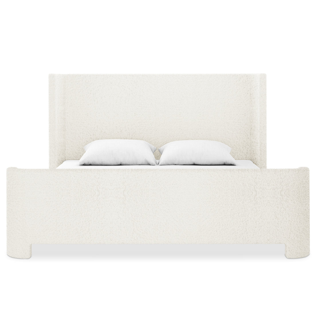 Palmira King Boucle Fabric Bed Frame in Cream White, featuring a tall headboard, low-profile sleigh design, and white boucle upholstery, with two white pillows on the mattress.
