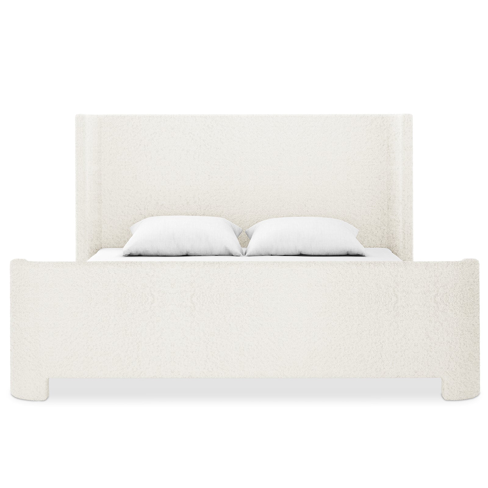 Palmira King Boucle Fabric Bed Frame in Cream White, featuring a tall headboard, low-profile sleigh design, and white boucle upholstery, with two white pillows on the mattress.