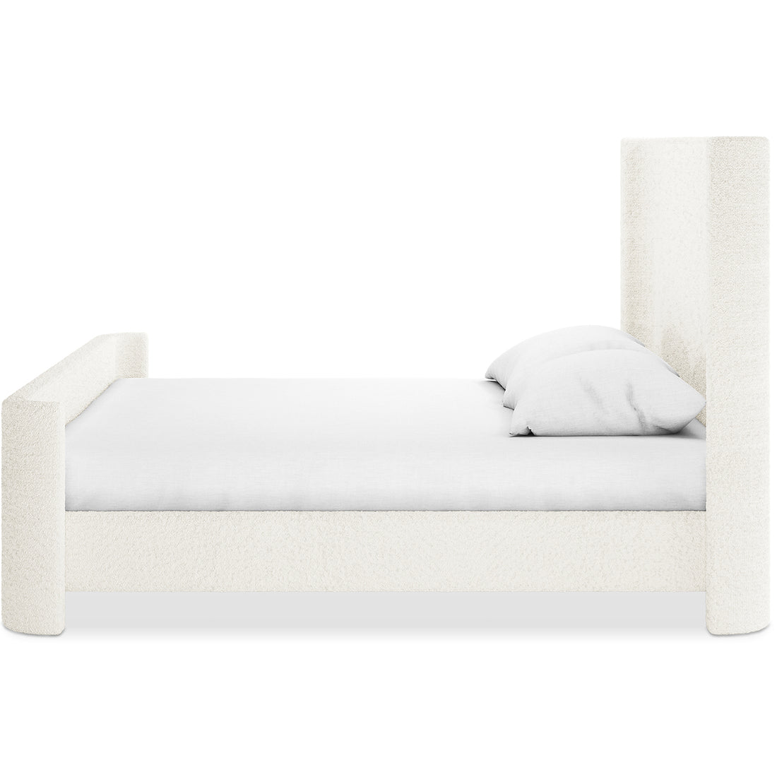 Palmira King Boucle Fabric Bed Frame in Cream White, featuring a tall headboard, shorter footboard, low side rail, and neutral-toned fitted sheet and pillows, creating an elegant bedroom centerpiece.