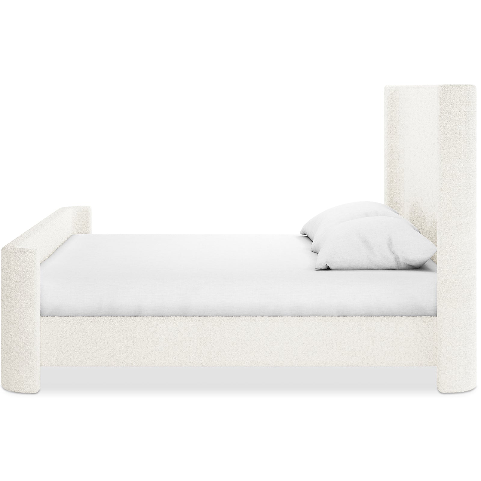 Palmira King Boucle Fabric Bed Frame in Cream White, featuring a tall headboard, shorter footboard, low side rail, and neutral-toned fitted sheet and pillows, creating an elegant bedroom centerpiece.