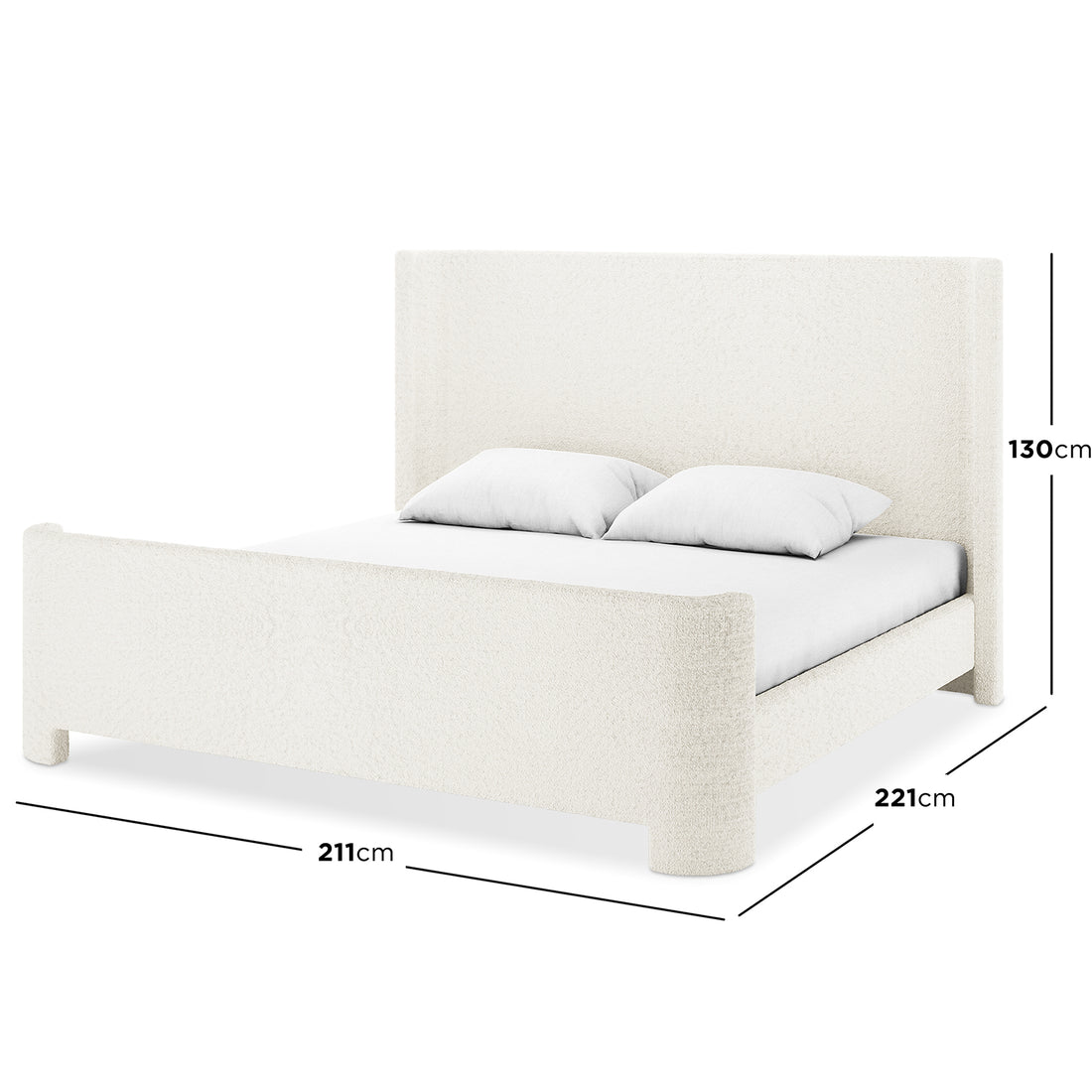 Palmira King Boucle Fabric Bed Frame in Cream White, featuring a low-profile, sleigh design with plush upholstered headboard, showcased with mattress and pillows. Measurements: 211 cm width, 221 cm length, 130 cm height.