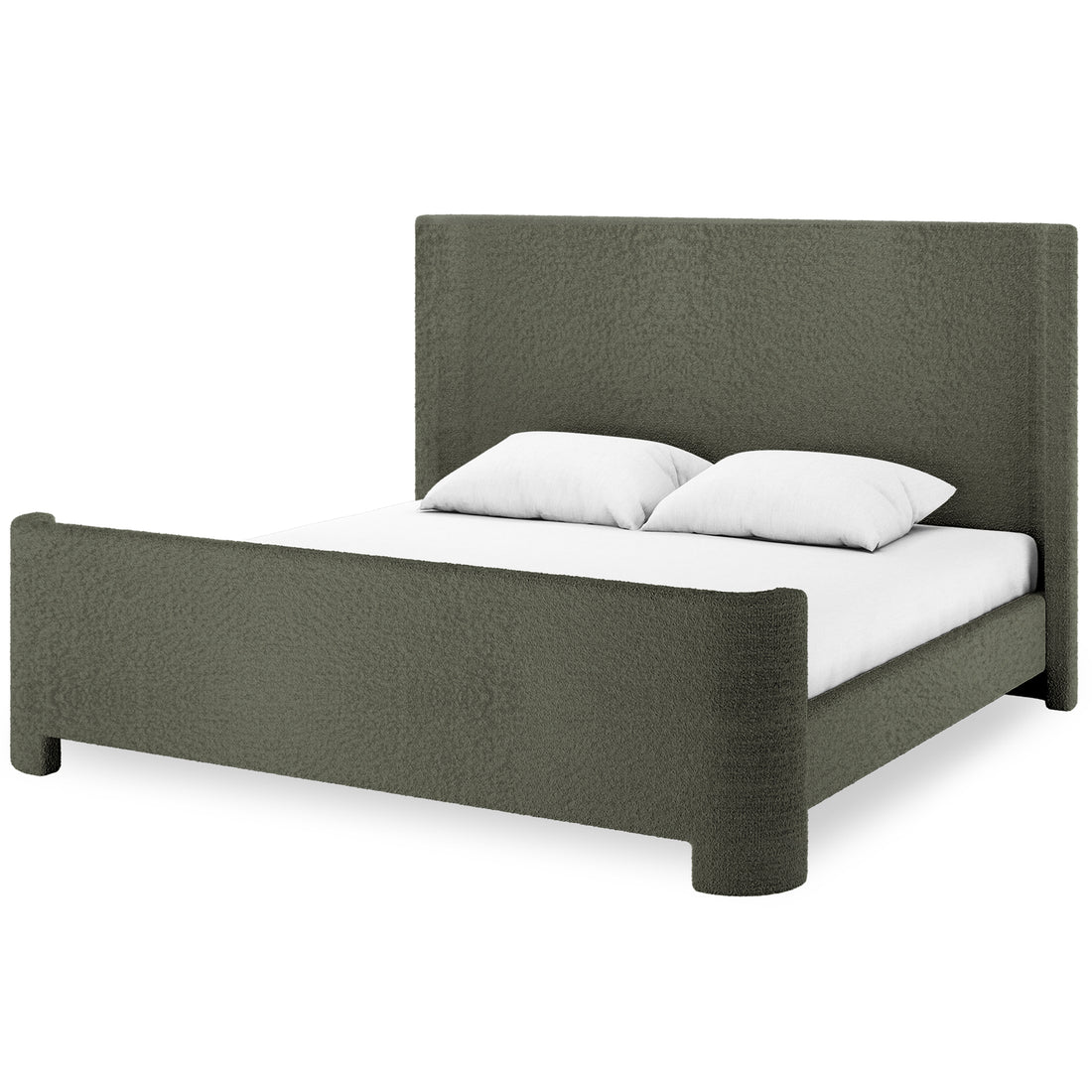 Palmira King Boucle Fabric Bed Frame in Dark Green features a low-profile sleigh design with tufted headboard, rounded footboard, and short legs, showcasing muted gray-green bouclé upholstery and white mattress.