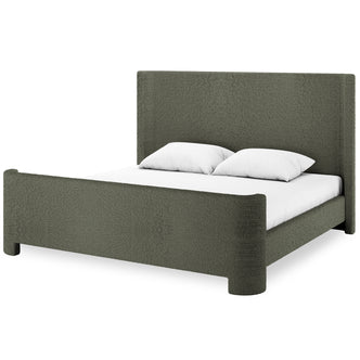 Palmira King Boucle Fabric Bed Frame in Dark Green features a low-profile sleigh design with tufted headboard, rounded footboard, and short legs, showcasing muted gray-green bouclé upholstery and white mattress.