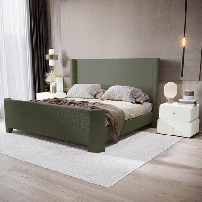 Palmira King Boucle Fabric Bed Frame in Dark Green features a low-profile sleigh design with tufted headboard, surrounded by geometric rug, modern lamps, and sculptural bedside drawers in a serene bedroom setting.