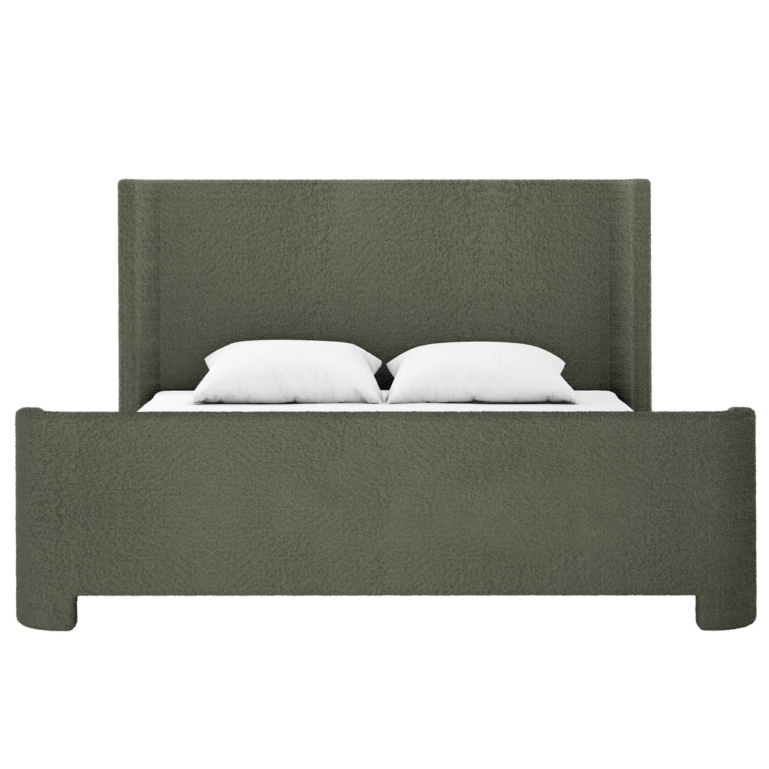 Palmira King Boucle Fabric Bed Frame in Dark Green features a tall, rectangular upholstered headboard and footboard with textured fabric, showcasing its elegant sleigh design and plush white pillows on the mattress.