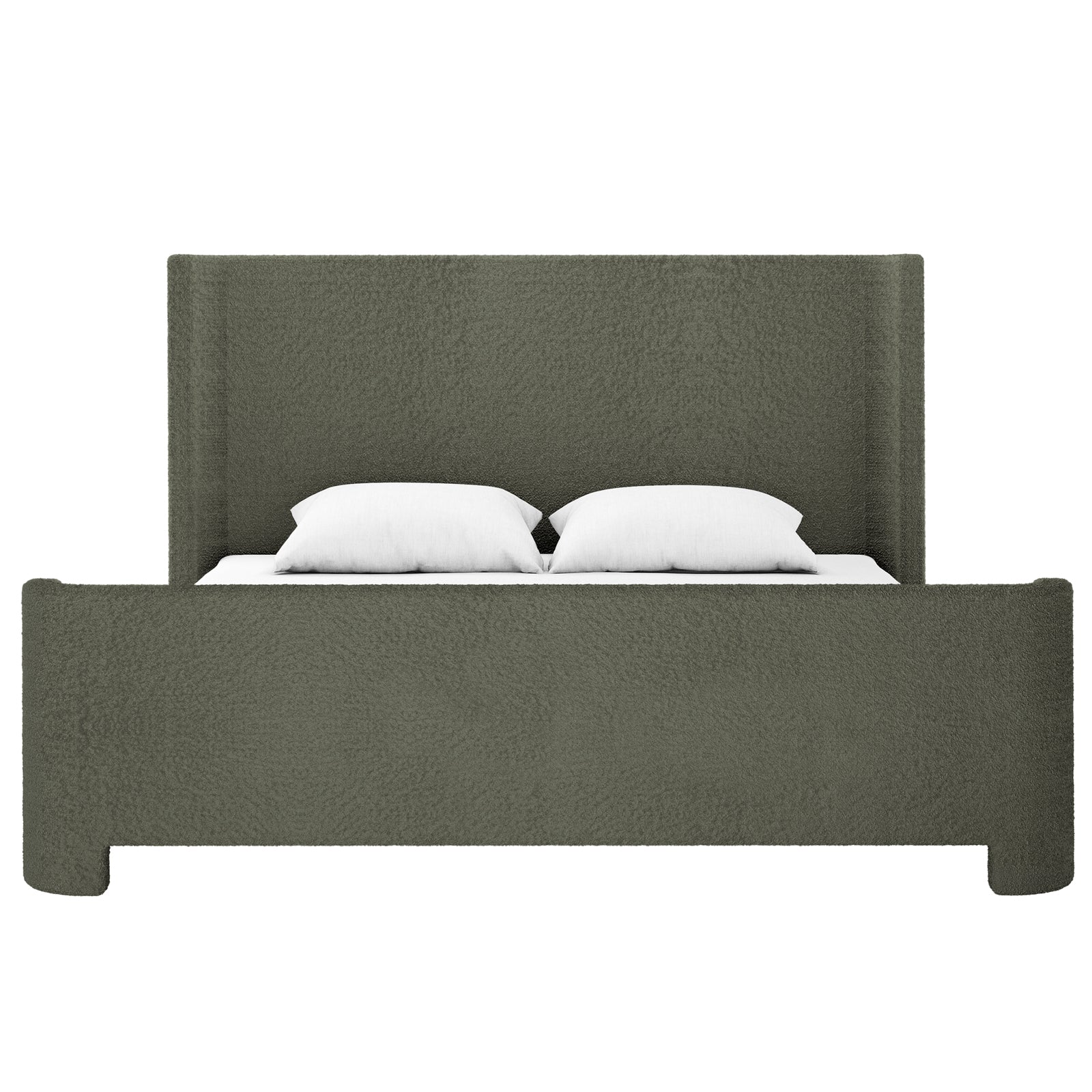 Palmira King Boucle Fabric Bed Frame in Dark Green features a tall, rectangular upholstered headboard and footboard with textured fabric, showcasing its elegant sleigh design and plush white pillows on the mattress.