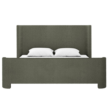 Palmira King Boucle Fabric Bed Frame in Dark Green features a tall, rectangular upholstered headboard and footboard with textured fabric, showcasing its elegant sleigh design and plush white pillows on the mattress.