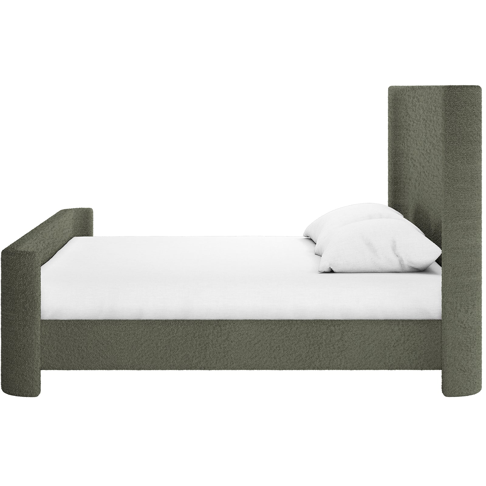 Palmira King Boucle Fabric Bed Frame in Dark Green features a deep olive-green boucle-style frame with a white mattress and pillows, showcasing its elegant sleigh design and plush, tufted headboard.