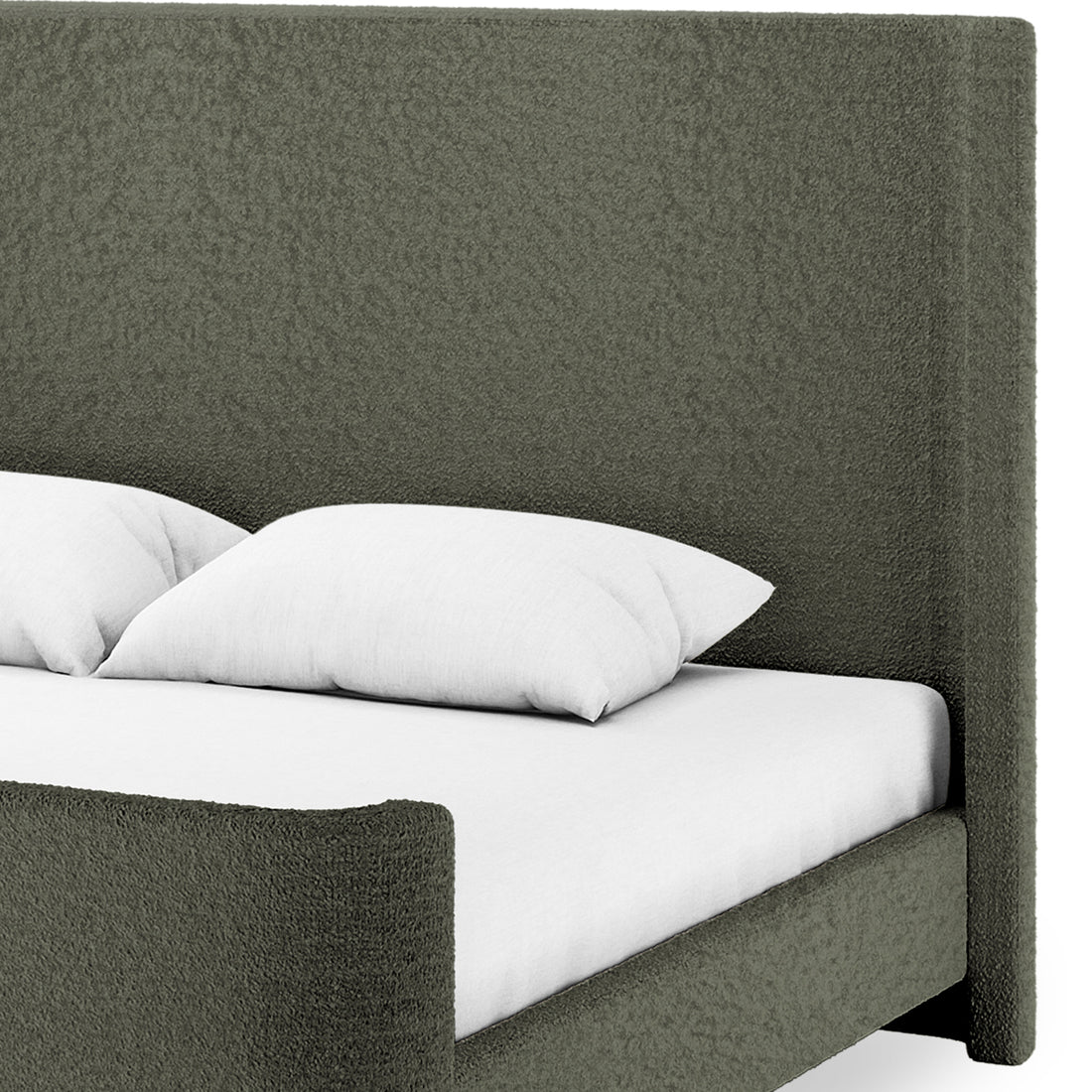 Palmira King Boucle Fabric Bed Frame in Dark Green featuring a tall squared headboard and footboard in muted olive-green fabric with a white mattress and pillows on top.
