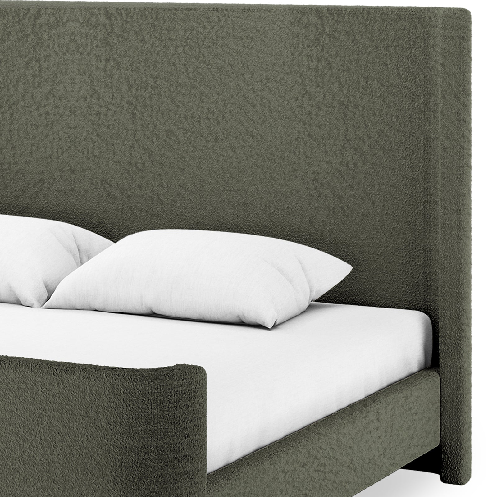 Palmira King Boucle Fabric Bed Frame in Dark Green featuring a tall squared headboard and footboard in muted olive-green fabric with a white mattress and pillows on top.