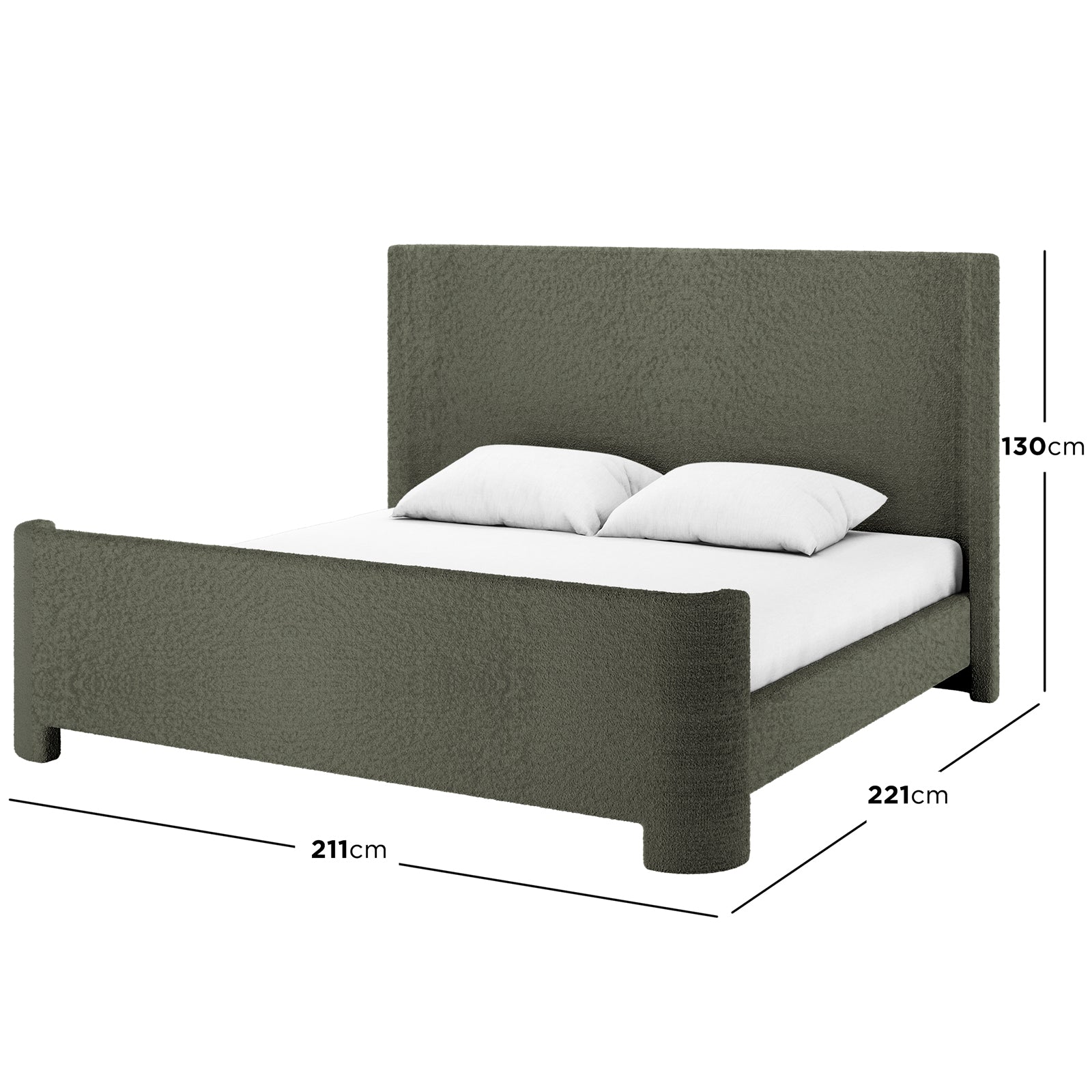 Palmira King Boucle Fabric Bed Frame in Dark Green, showcasing a modern sleigh design with tufted headboard, upholstered in bouclé fabric. Dimensions labeled: 211cm width, 221cm length, 130cm height.