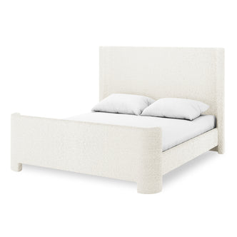 Palmira Queen Boucle Fabric Bed Frame in Cream White features a tall headboard and low footboard with rounded corners, upholstered in plush boucle fabric, enhancing modern bedrooms with its sleek, elegant design.