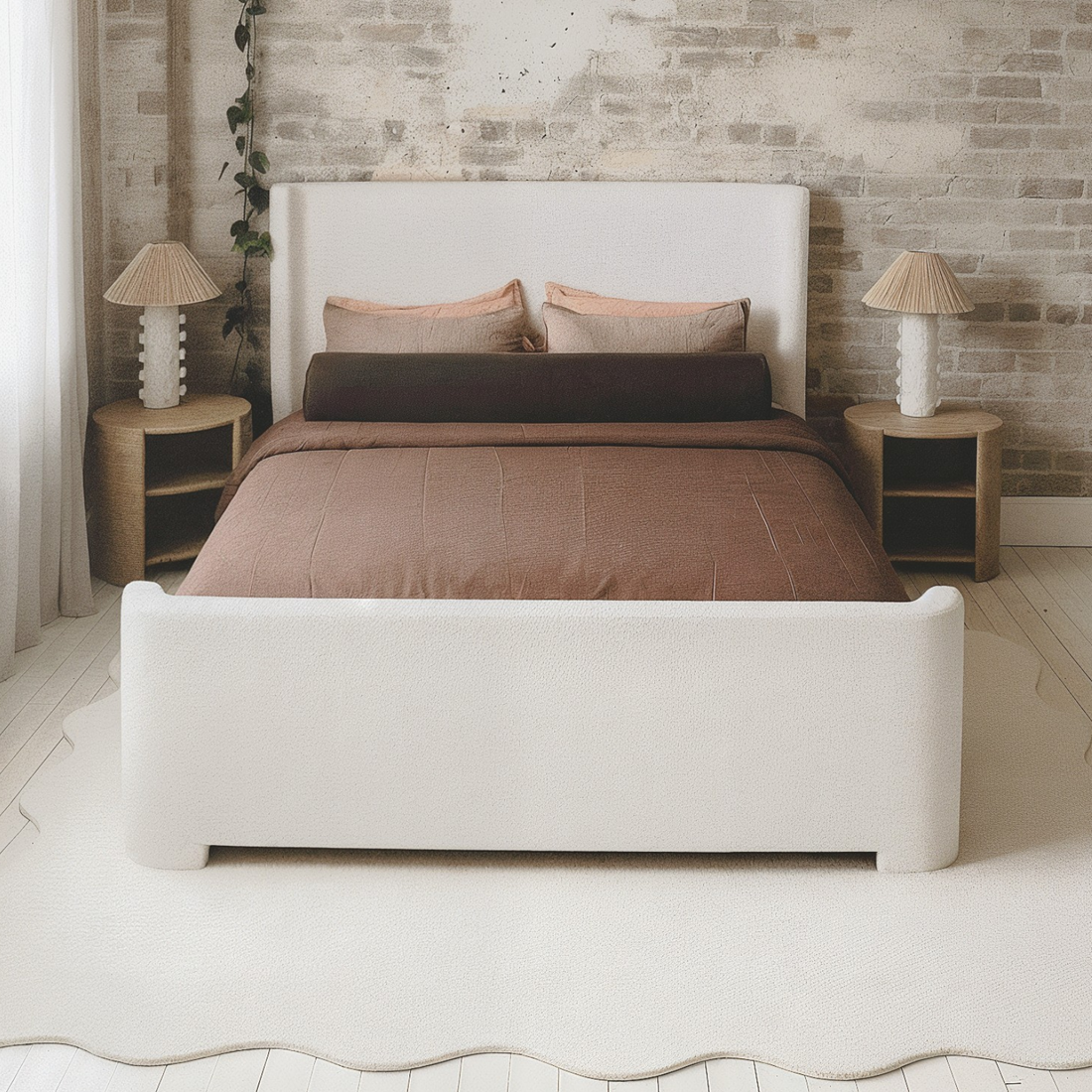 Palmira Queen Boucle Fabric Bed Frame in Cream White, featuring a low-profile sleigh silhouette with soft upholstery, nestled in a cozy bedroom setting with brown bedding and wooden nightstands.